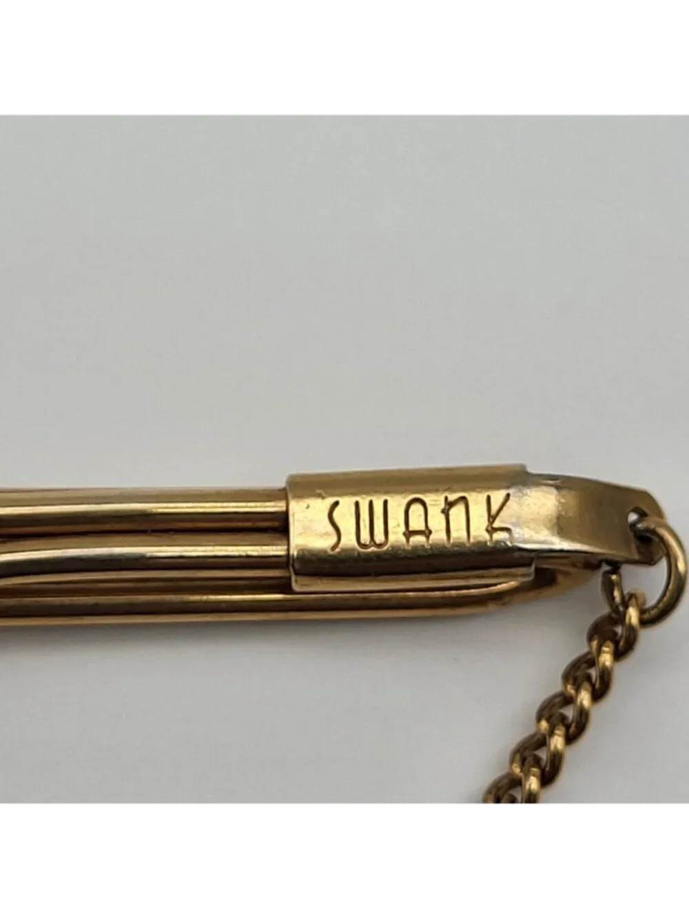 Swank Bowling Ball & Pins Tie Clip Bar With Chain Vintage MCM gold plated
